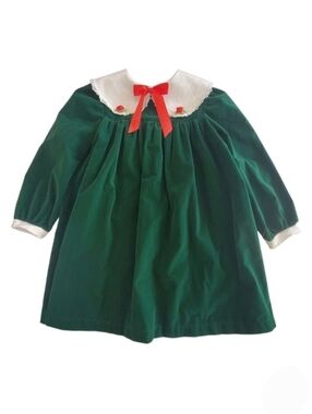 K1126 * New Moves Girls Velveteen Baby Doll Style Dress Green Size 6 Vintage